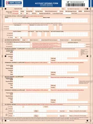 HFDC Bank Account Opening Form for Individuals