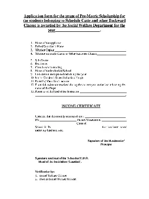 J&K SC/OBC Students Pre-Metric Scholarship Application Form