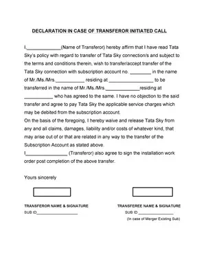 Tata Sky NOC Declaration Form for Connection Transfer