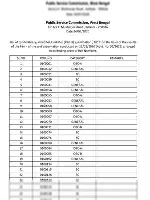 WBPSC Clerk Result 2020